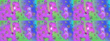 El çizimi çiçekli soyut çizim kalıbı. Raster illüstrasyonu. Mor renkte çiçekler.