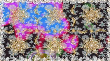 Kına dövmeli süs çiçekleri, altın çıkartmalar, mehndi ve yoga tasarımı, kartlar ve parmak izleri. Gri renkli desen. Raster altın mehndi kusursuz desen.