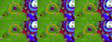 Yeşil renkli bitkilerden oluşan parlak çiçekli çizim deseni.