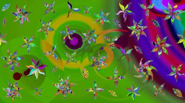 Renkli Bahar Teması eskiz kalıbı. Yeşil renkli şirin çiçek deseni. Raster Modaya uygun kumaş deseni. Düz Çiçek Elementleri Tasarımı.