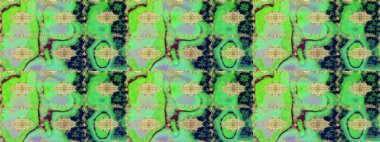 Şık bir grafik desen. Çiçek deseni. Duvar kâğıdı barok, İspanyol kumaşı. Yeşil renkte altın elementler. Çizim raster arkaplanı.