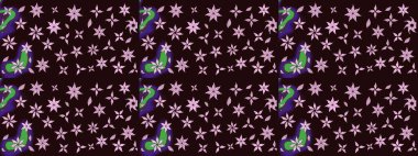 Çocuksu tasarım. Tekstil, kumaş, ambalaj, hatıra defteri için hoş bir çiçek arkaplanı. Kahverengi arka planda. Elle çizilmiş karalama çiçekleri ile Raster çizim deseni.