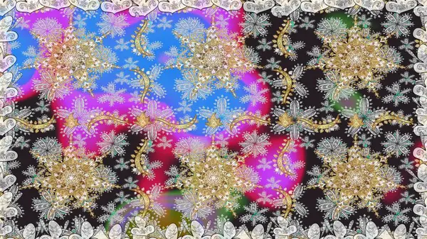 Kına dövmeli süs çiçekleri, altın çıkartmalar, mehndi ve yoga tasarımı, kartlar ve parmak izleri. Gri renkli desen. Raster altın mehndi kusursuz desen.