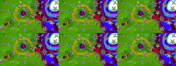 Yeşil renkli bitkilerden oluşan parlak çiçekli çizim deseni.