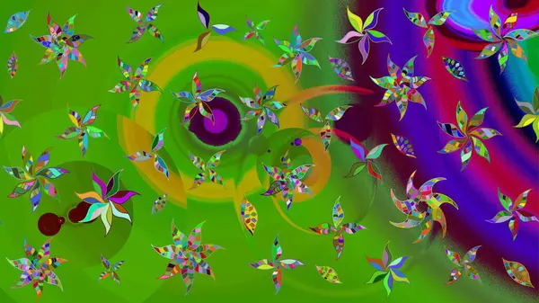 Renkli Bahar Teması eskiz kalıbı. Yeşil renkli şirin çiçek deseni. Raster Modaya uygun kumaş deseni. Düz Çiçek Elementleri Tasarımı.