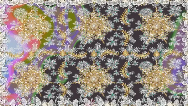 Gri renkli ve altın elementli altın desenli. Raster altın pürüzsüz desen. Arkaplan, kumaş, altın duvar kağıdı. Düz elle çizilmiş vintage koleksiyonu.