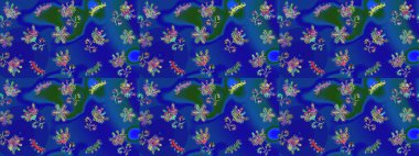 Düz yatıyordu. Mavi, yeşil ve mor renkte kar tanelerinden oluşan kış deseni. Raster illüstrasyonu. Kış konsepti.