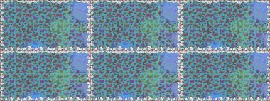 Raster illüstrasyonu. Tekstil, duvar kâğıtları, web sayfası arkaplanları ve yüzey dokuları için mükemmel. Mavi renklerdeki renkli kelebeklerin kusursuz arka planı.