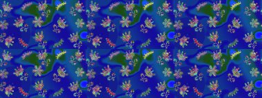 Düz yatıyordu. Mavi, yeşil ve mor renkte kar tanelerinden oluşan kış deseni. Raster illüstrasyonu. Kış konsepti.