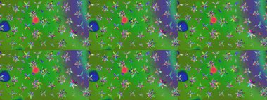 Raster illüstrasyonu. Moda baskısı, albüm, ambalaj kağıdı ve duvar kağıdı için zarif dekoratif süslemeler. Yeşil renkte şirin çiçekler. Küçük çiçekli basit bir çiçek çizimi..