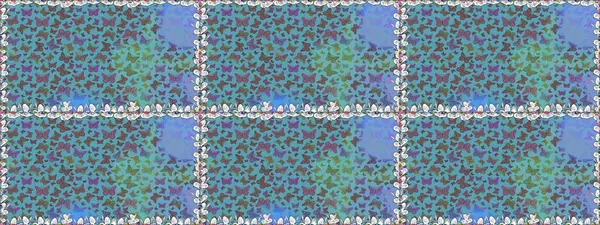 Raster illüstrasyonu. Tekstil, duvar kâğıtları, web sayfası arkaplanları ve yüzey dokuları için mükemmel. Mavi renklerdeki renkli kelebeklerin kusursuz arka planı.