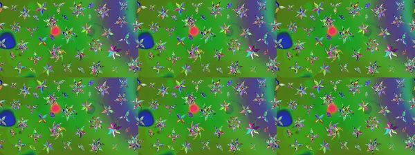 Raster illüstrasyonu. Moda baskısı, albüm, ambalaj kağıdı ve duvar kağıdı için zarif dekoratif süslemeler. Yeşil renkte şirin çiçekler. Küçük çiçekli basit bir çiçek çizimi..