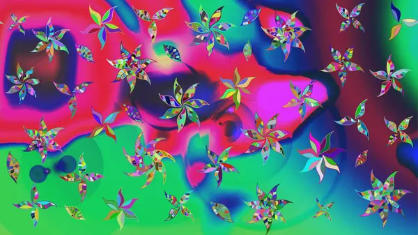 Çiçekli ipek eşarp. El çizimi çiçek unsurları olan soyut çizim raster deseni. 1950-1960 motifleri. Retro tekstil tasarım koleksiyonu. Yeşil yeşile.