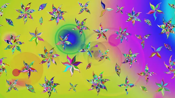 Suluboya elle çizilmiş çiçek desenli eskiz deseni. Parlak renkli fantezi çiçekleri, yapraklar, sarı renkli tomurcuklar.