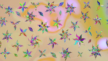 Çiçeksel fantezi tasarımı ve parlak bir arka plan çizimi. Renkli Bahar Teması eskiz kalıbı. Düz Çiçek Elementleri Tasarımı.