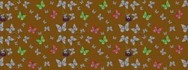 Raster illüstrasyonu. Güzel bir kumaş tasarımı. Dekoratif el çizimi kelebekler. Kahverengi renkte resim.