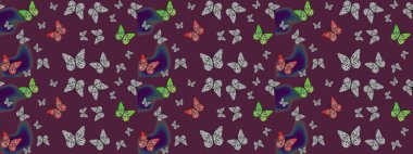 Renkli kelebeklerin eskiz geçmişi. Kumaş, kağıt, ambalaj kâğıdı ve duvar kağıdı tasarımı için güzel bir arka plan. Raster illüstrasyonu.