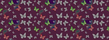 Raster illüstrasyonu. Fantezi sevimli illüstrasyon. Kahverengi arka planda suluboya kelebekler. Erkekler, kızlar, kıyafetler, duvar kağıtları için soyut çizim kalıbı.