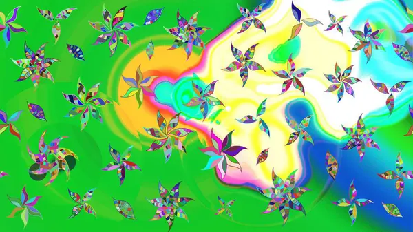 Renkli desenli eskiz deseni, yeşil çiçekler ve dekoratif elementlerle. Eskiz geçmişi. Raster illüstrasyonu. Kumaş, tekstil, duvar kağıdı baskısı için. Antika retro tarzı.