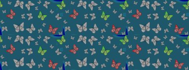 Raster renkli sonsuz doku. Kelebekli çizim şekli. Elle çizilmiş illüstrasyon. Bahar ve yaz tasarımı için renkli arkaplan.