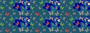 Raster illüstrasyonu. Erkekler, kızlar, elbiseler, duvar kağıtları için soyut çizim kalıbı. Mavi arka planda suluboya kelebekler. Fantezi sevimli illüstrasyon.