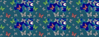 Raster. Kağıt, kumaş, ambalaj kağıdı ve duvar kâğıdı tasarımı için hoş bir arkaplan. Çocuk kelebek çizim kalıbı. Mavi renkte sanat kelebekleri.