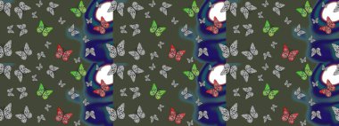 Yeşil renklerin çizimi. Tekstil baskısı için ekose kelebek. Karala, karala, karala. Çizim kalıbı. Raster illüstrasyonu.