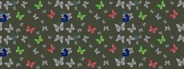 Yeşil arka planda kelebek desenli çizim. Raster illüstrasyonu. Kumaş, Tekstil, Yazdırma ve Davetiye için arkaplan.