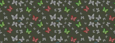 Raster illüstrasyonu. Yeşil arka planda kelebekler. Kelebekli tasarım. Çizim, karalama, karalama. Robot resim. Sonsuz.
