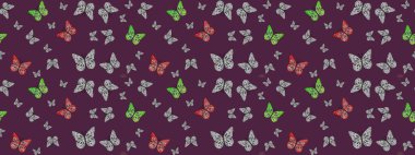 Kelebeklerle dolu renkli bir halk eskizi çizimi. Kahverengi arka planda renkli bir kelebek. Davetiye, kart, yazdırma için basit şirin desen.