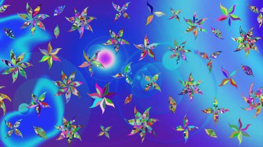 Raster illüstrasyonu. Eskiz geçmişi. Eski usul. Kumaş, tekstil, duvar kağıdı baskısı için. Renkli desenli eskiz deseni, mavi çiçekler ve dekoratif elementlerle.