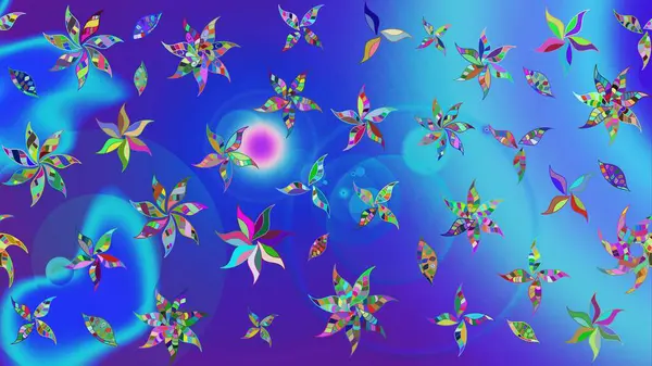 Raster illüstrasyonu. Eskiz geçmişi. Eski usul. Kumaş, tekstil, duvar kağıdı baskısı için. Renkli desenli eskiz deseni, mavi çiçekler ve dekoratif elementlerle.