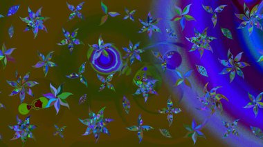 Parlak renkli fantezi çiçekleri, yapraklar, kahverengi renkli tomurcuklar, kahverengi. Suluboya el çizimi elementli çiçek çizimi deseni.