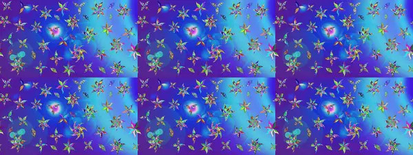 Mavi renkli çiçekler. Asya tekstil tarzında. Çiçek desenli çizim. Raster illüstrasyonu. Raster illüstrasyonu.