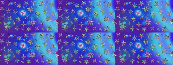 Mavi renkli çiçekler. Asya tekstil tarzında. Çiçek desenli çizim. Raster illüstrasyonu. Raster illüstrasyonu.