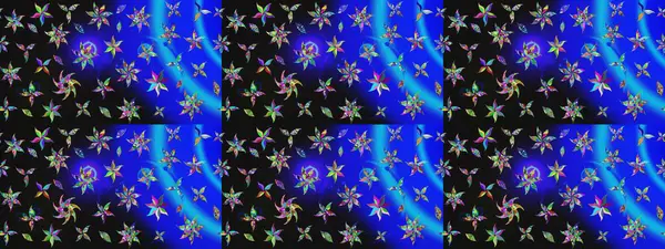 Mavi renkli çiçekler. Raster illüstrasyonu. El çizimi çiçekli soyut çizim deseni.