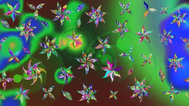 Şirin çiçekli eskiz deseni ve yeşil renkli yapraklar, suluboya çiçek deseni, duvar kağıdı, kart veya kumaş için fayanslı. Raster illüstrasyonu.