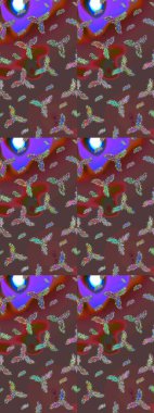 Noel stili. Raster illüstrasyonu. Kahverengi, mor ve kırmızı renkte kar taneleri.