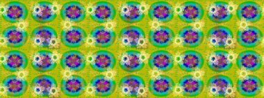 Kar tanelerinin soyut arkaplanlı Noel şablonu. Raster illüstrasyonu. Sarı, yeşil ve mavi renkler. Noel ve Yeni Yıl moda baskıları için tatil tasarımı.