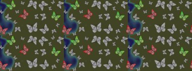 Rastgele yeşil kelebekler şirin desenler. Yeşil arka planda kelebek. Davetiye, kart ve parmak izi için basit kadınsı bir model. Robot resim. Raster illüstrasyonu.