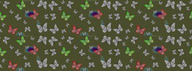 Yeşil arka planda bir resim. Kumaş, tekstil, baskı ve davetiye örnekleri. Kelebek deseni. Raster. Çizim.
