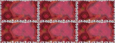 Millefleur 'lar. Oldukça eski bir besin torbası deseni, küçük kırmızı renkte, çiçekler. Tekstil, kumaş, kapaklar, duvar kağıtları, baskı, naylon, yapıştırma, örgü, dekupaj için çiçeksiz arkaplan.