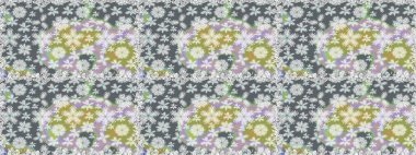 Moda baskıları için zarif bir şablon. Parlak renkli çiçekleri ve gri renkli yaprakları olan kusursuz çiçek desenleri. Modern çiçek arkaplanı. Halk stili.