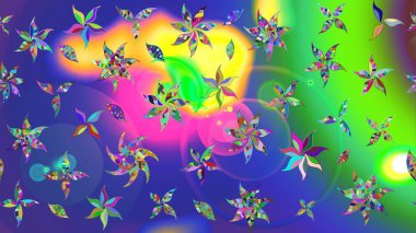 Raster illüstrasyonu. Yumuşak, mavi renkte bahar çiçekleri. Raster deseni. Patlayan çiçekler soyut yerleştirilmiş.