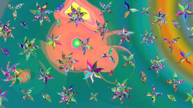 Şirin çiçekli eskiz deseni ve mavi renkli yapraklar, suluboya çiçek deseni, duvar kağıdı, kart veya kumaş için fayanslı. Raster illüstrasyonu.