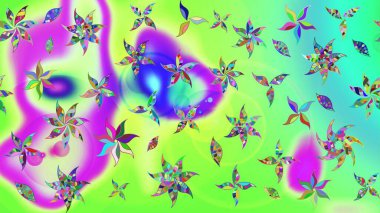 Çiçek ve yapraklı karalama şeklinde Raster çiçek deseni. Yumuşak, yeşil renkli bahar çiçekleri. Raster illüstrasyonu.