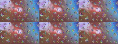 Patlayan çiçekler soyut olarak yerleştirilmiş. Kahverengi renklerde bahar çiçekleri. Raster deseni. Raster illüstrasyonu.