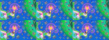 Güzel kumaş deseni. Renkli Bahar Teması eskiz kalıbı. Asya tekstil tarzında. Raster illüstrasyonu. Düz Çiçek Elementleri Tasarımı. Çiçek desenini çiz.