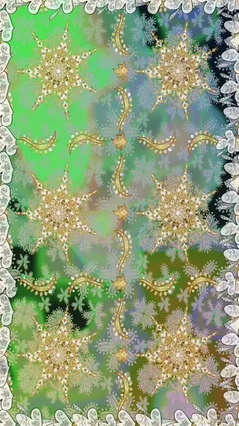 Noel, kar tanesi, yeni yıl 2019. Yeşil renklerde ve altın elementlerle kusursuz klasik desen.