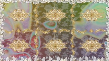 Raster altın tekstil baskısı. Çiçek kiremitleri. İslam tasarımı. Gri renkli ve altın elementli altın desenli. Kusursuz desenli oryantal süs.